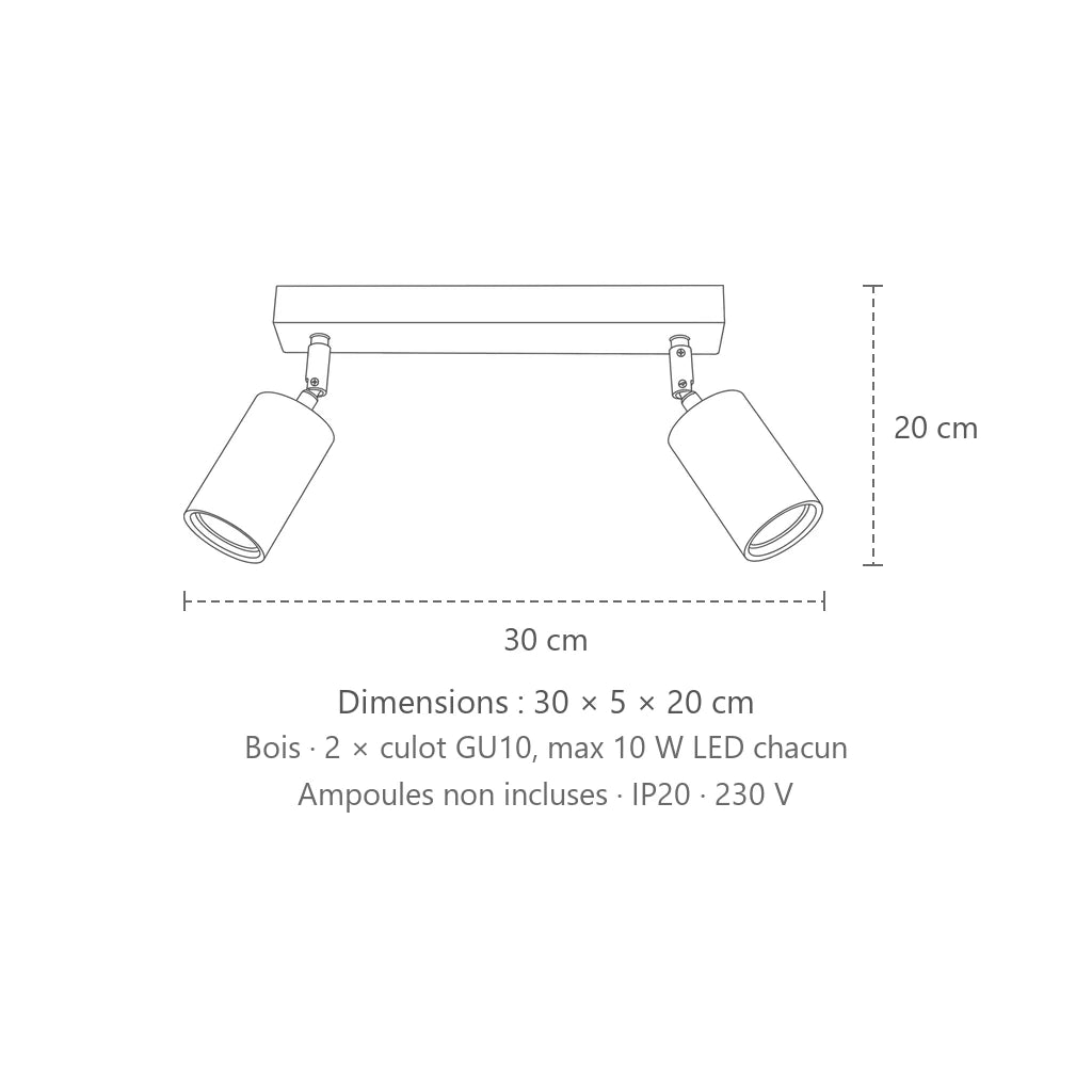 Dimensions : plafonnier spots orientables en bois naturel (2 lumières), 30 × 5 × 20 cm