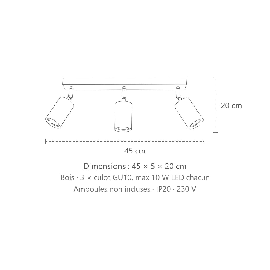 Dimensions : plafonnier spots orientables en bois naturel (3 lumières), 45 × 5 × 20 cm