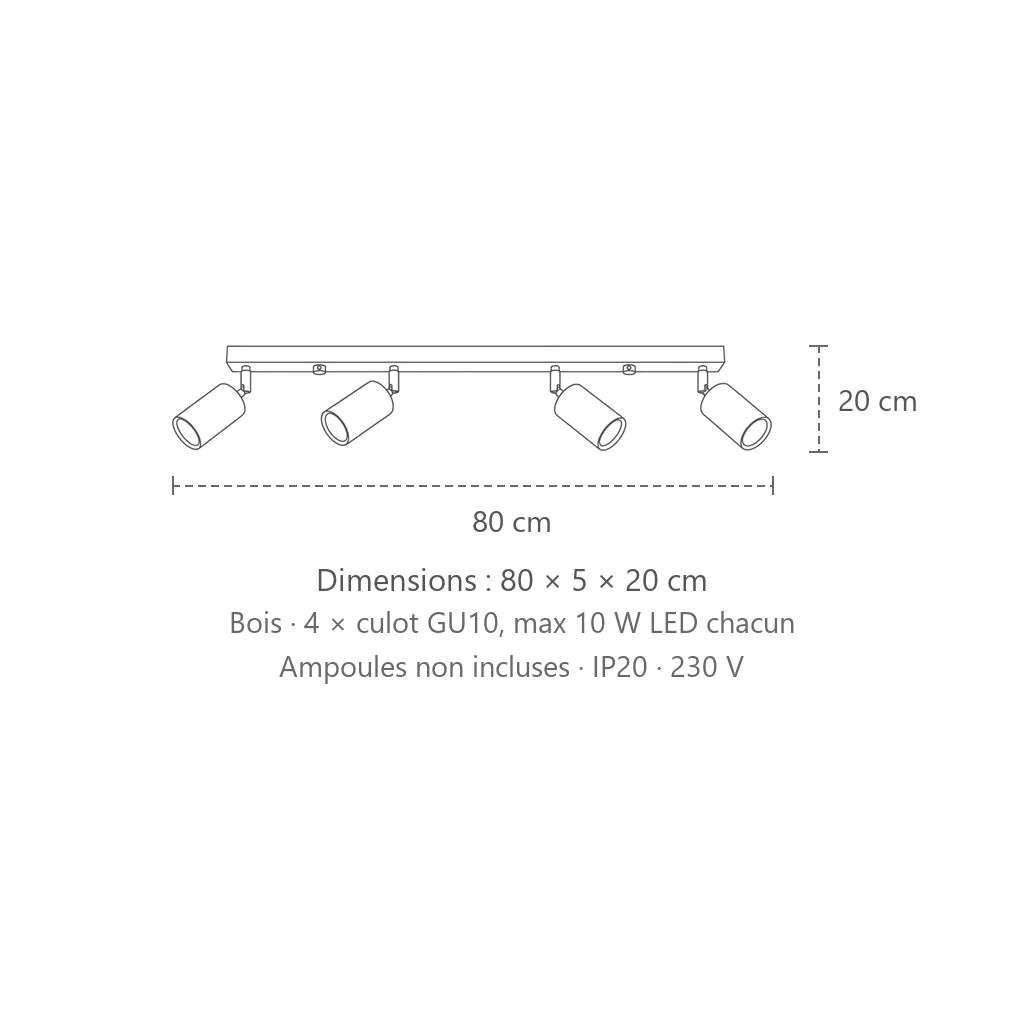 Dimensions : plafonnier spots orientables en bois naturel (4 lumières), 80 × 5 × 20 cm