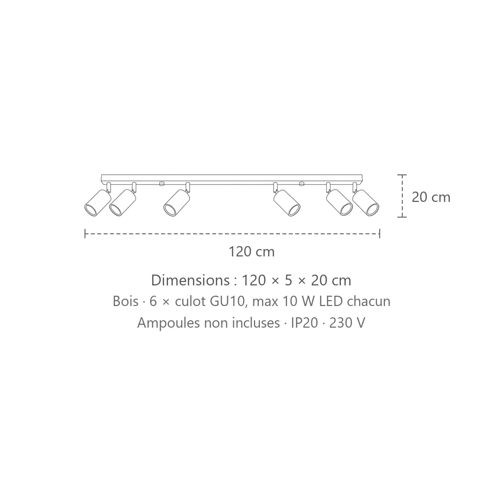 Dimensions : plafonnier spots orientables en bois naturel (6 lumières), 120 × 5 × 20 cm