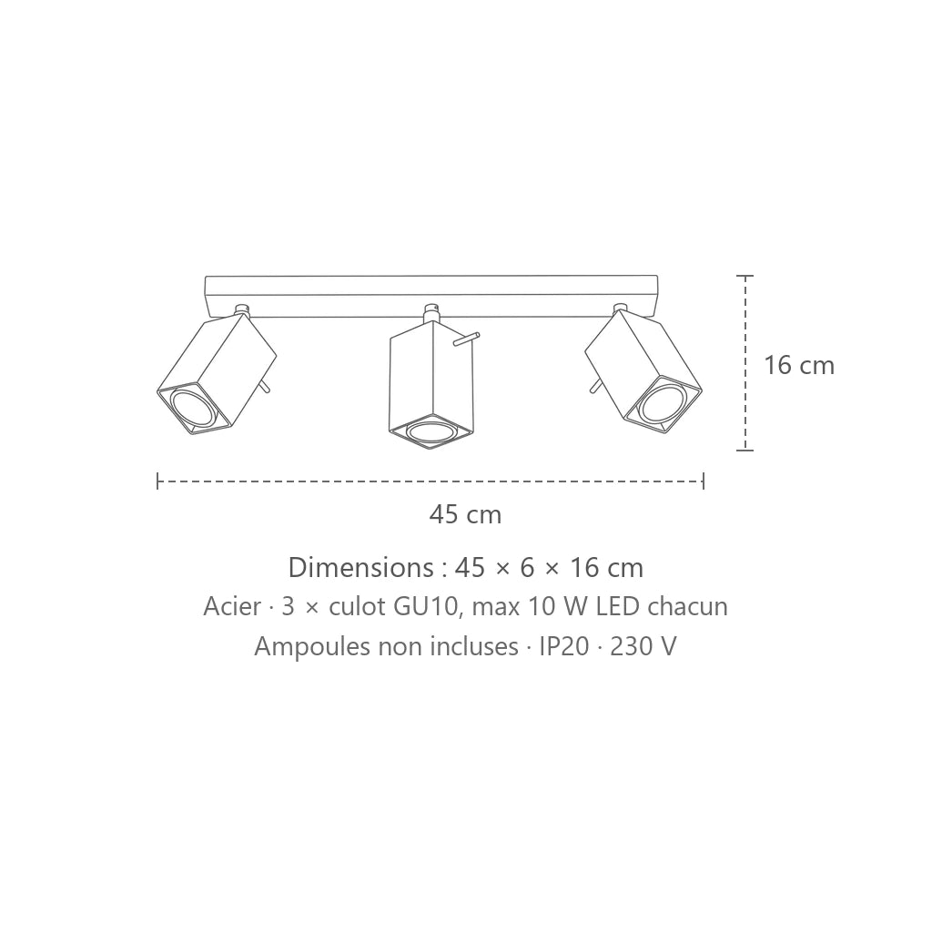 Dimensions : plafonnier spots orientables carrés (3 lumières – barre 45 cm), 45 × 6 × 16 cm
