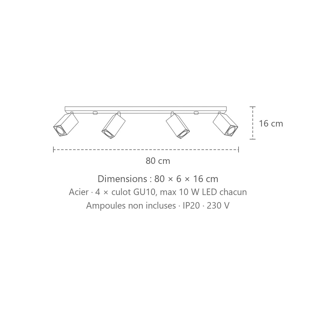Dimensions : plafonnier spots orientables carrés (4 lumières – barre 80 cm), 80 × 6 × 16 cm
