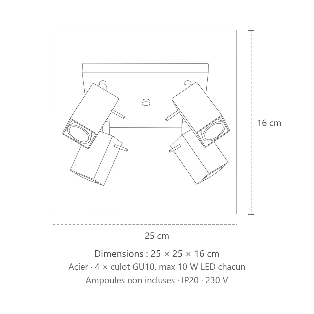 Dimensions : plafonnier spots orientables carrés (4 lumières – platine carrée 25 × 25 cm), 25 × 25 × 16 cm