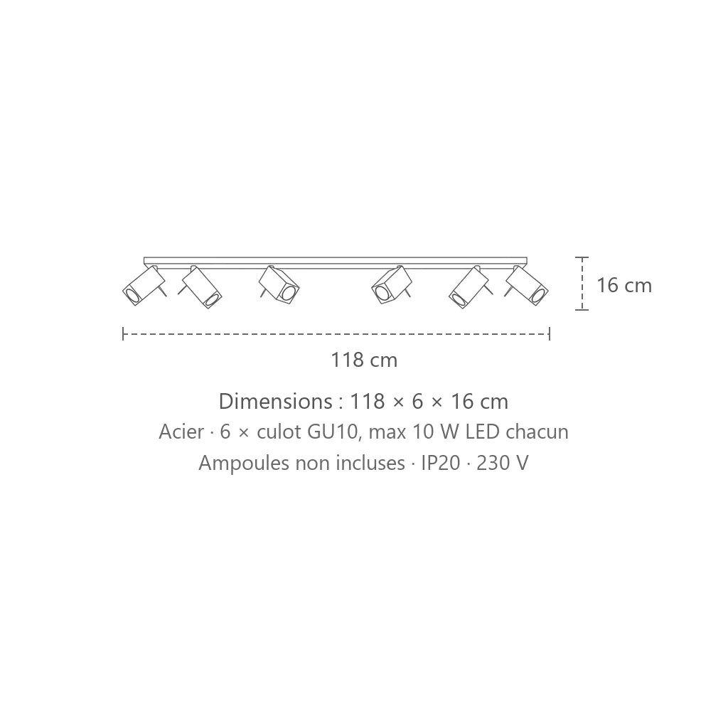 Dimensions : plafonnier spots orientables carrés (6 lumières – barre 118 cm), 118 × 6 × 16 cm