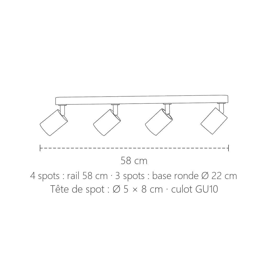Dimensions du plafonnier spots GU10 : rail 58 cm ou base Ø 22 cm