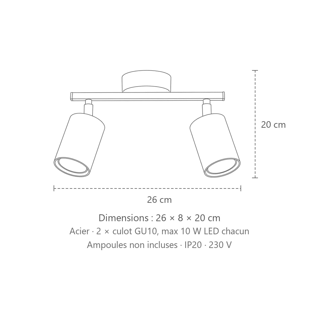 Dimensions : plafonnier spots orientables ronds sur barre (2 lumières – barre 26 cm), 26 × 8 × 20 cm