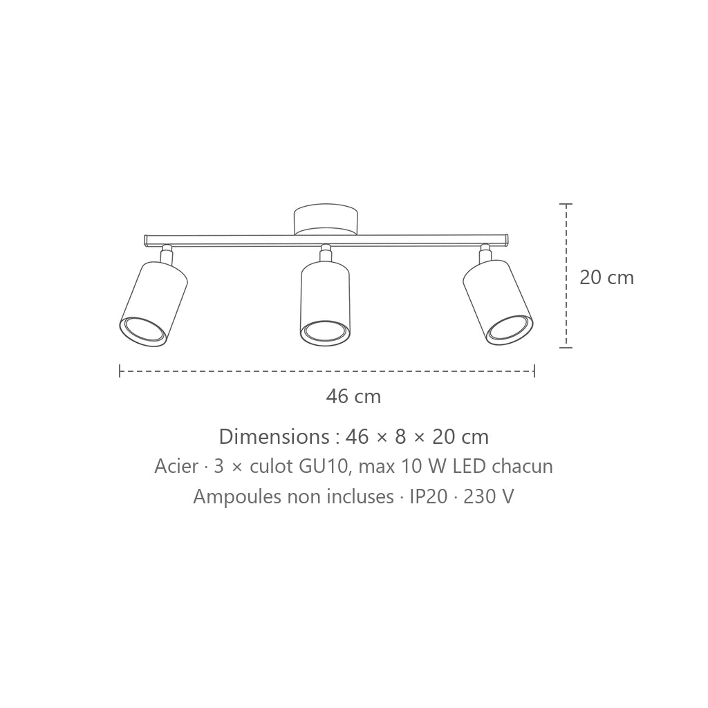 Dimensions : plafonnier spots orientables ronds sur barre (3 lumières – barre 46 cm), 46 × 8 × 20 cm