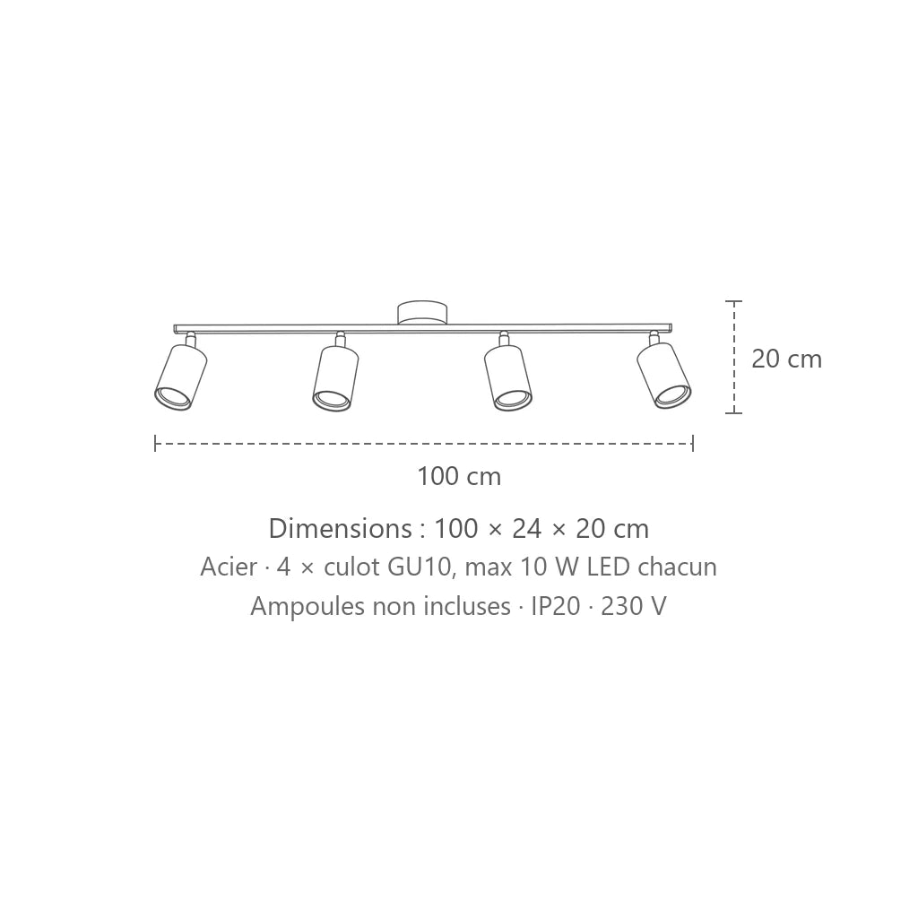 Dimensions : plafonnier spots orientables ronds sur barre (4 lumières – barre 100 cm), 100 × 24 × 20 cm