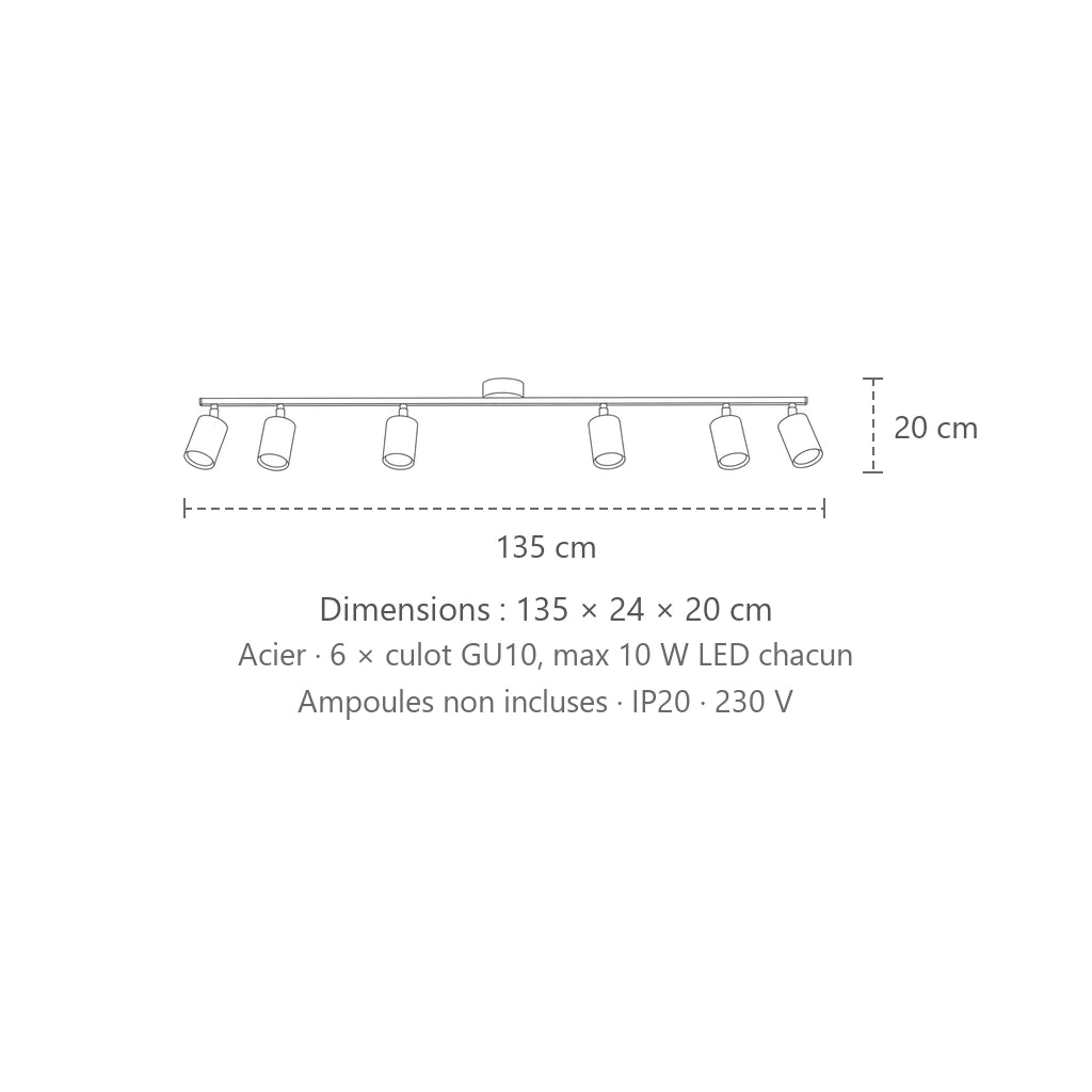 Dimensions : plafonnier spots orientables ronds sur barre (6 lumières – barre 135 cm), 135 × 24 × 20 cm