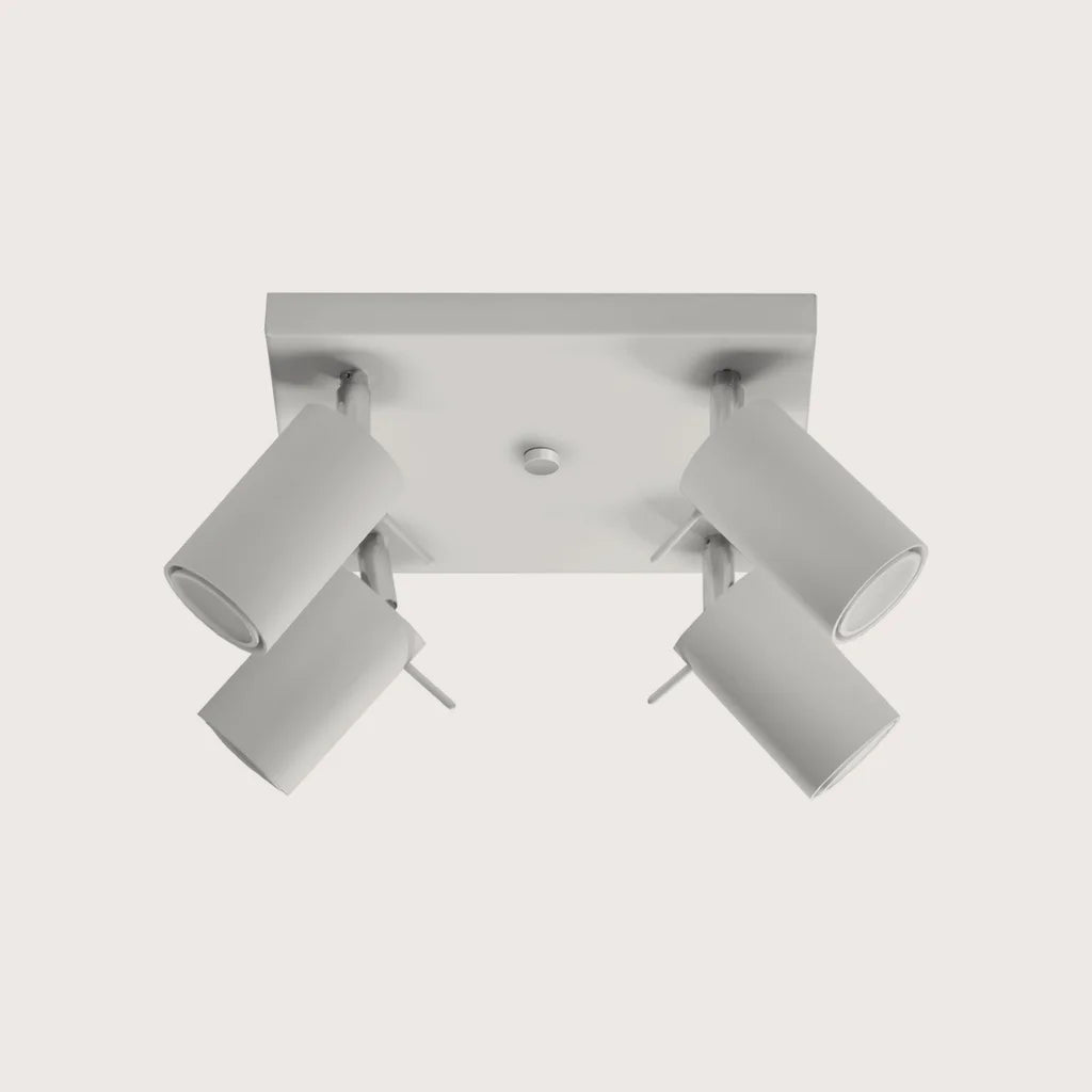 Plafonnier spots orientables tubes, coloris blanc (4 lumières – platine carrée 25 × 25 cm)