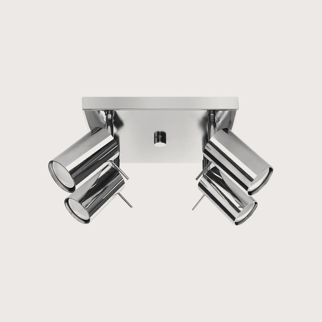 Plafonnier spots orientables tubes, coloris chromé (4 lumières – platine carrée 25 × 25 cm)