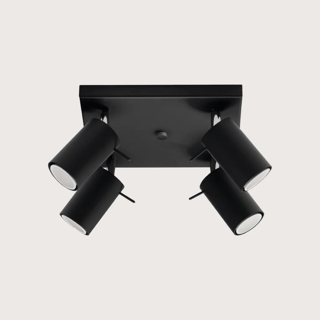 Plafonnier spots orientables tubes, coloris noir (4 lumières – platine carrée 25 × 25 cm)