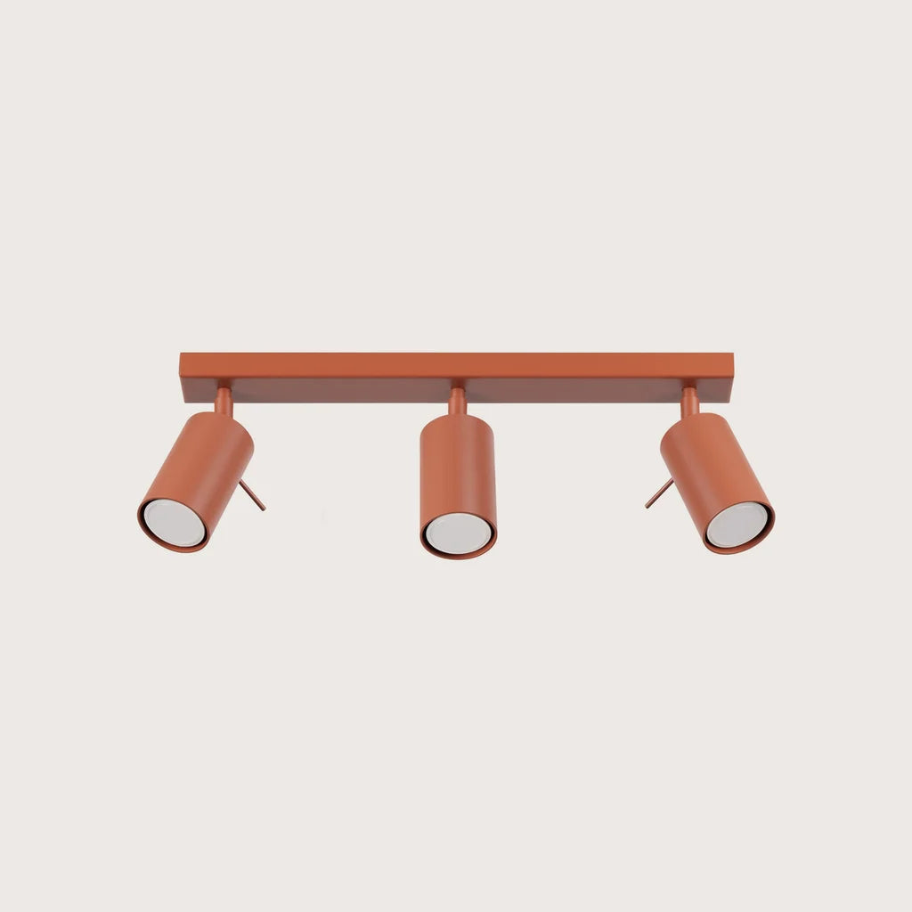 Plafonnier spots orientables tubes, coloris ocre rouge (3 lumières – barre 45 cm)