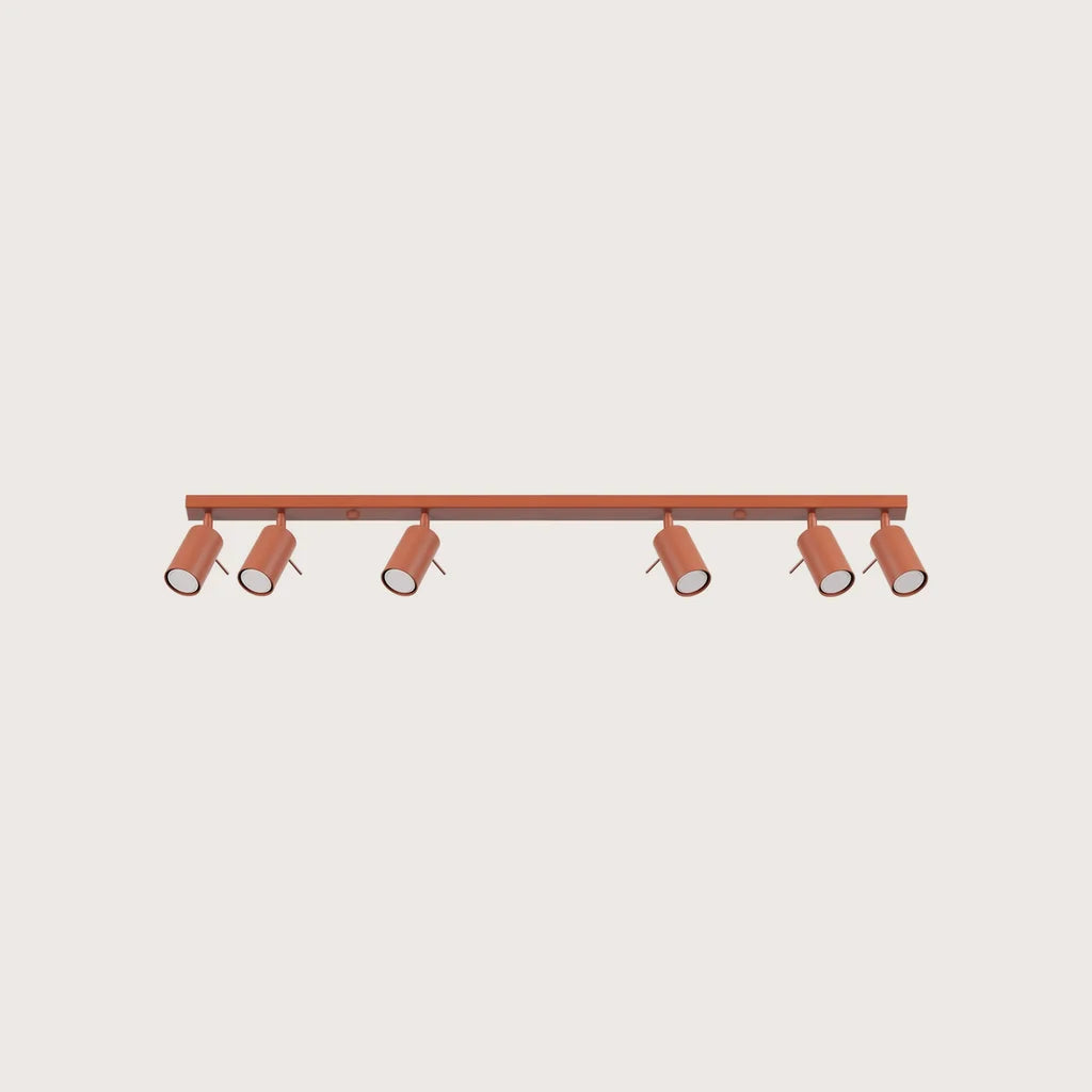 Plafonnier spots orientables tubes, coloris ocre rouge (6 lumières – barre 118 cm)