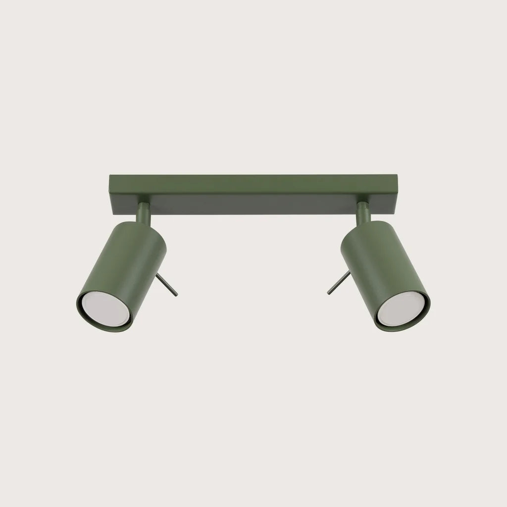 Plafonnier spots orientables tubes, coloris vert olive (2 lumières – barre 30 cm)