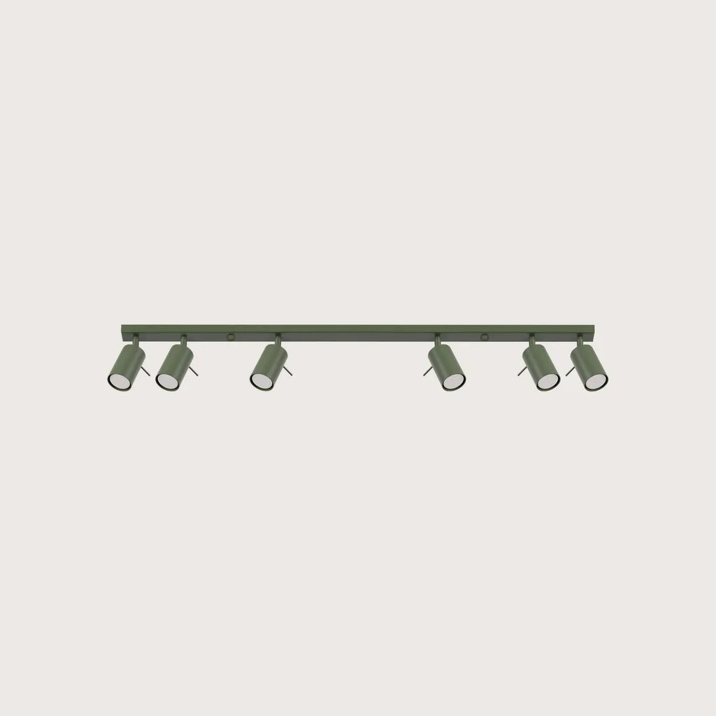 Plafonnier spots orientables tubes, coloris vert olive (6 lumières – barre 118 cm)