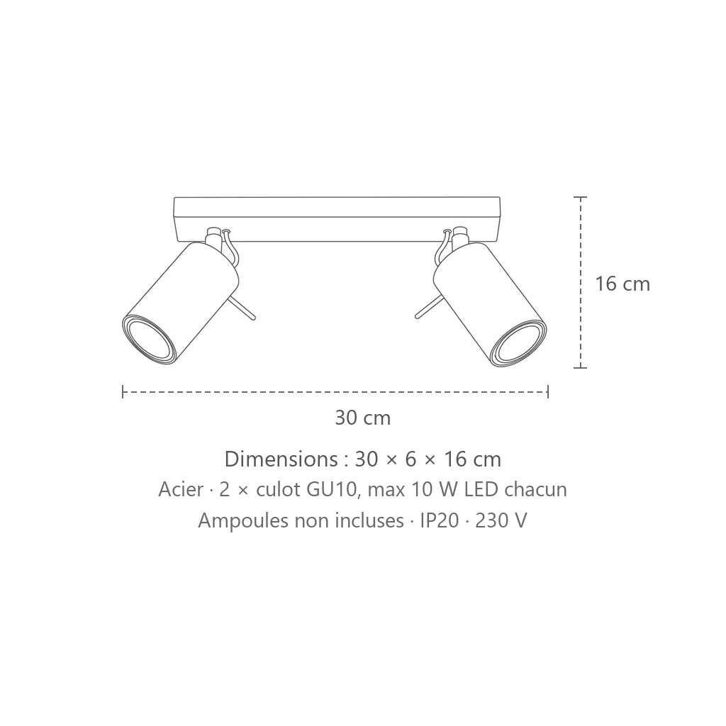 Dimensions : plafonnier spots orientables tubes (2 lumières – barre 30 cm), 30 × 6 × 16 cm