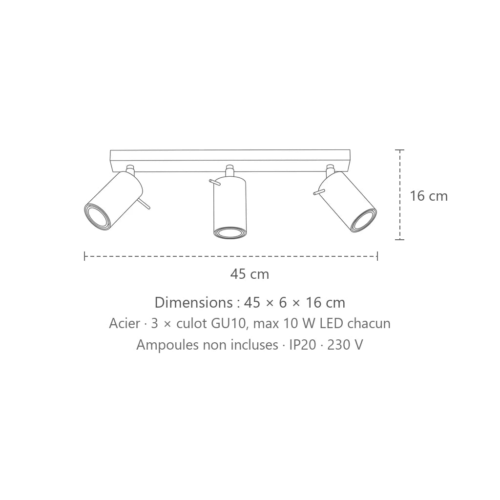 Dimensions : plafonnier spots orientables tubes (3 lumières – barre 45 cm), 45 × 6 × 16 cm