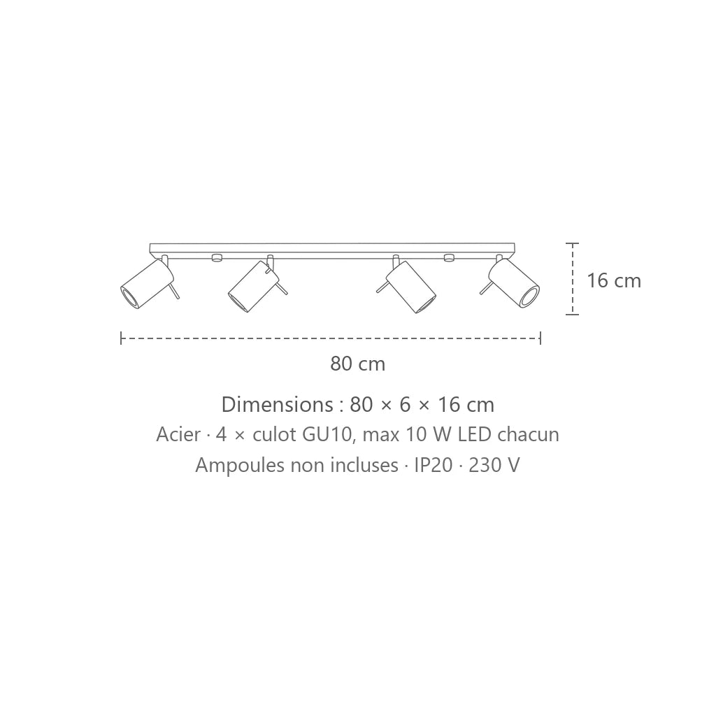 Dimensions : plafonnier spots orientables tubes (4 lumières – barre 80 cm), 80 × 6 × 16 cm