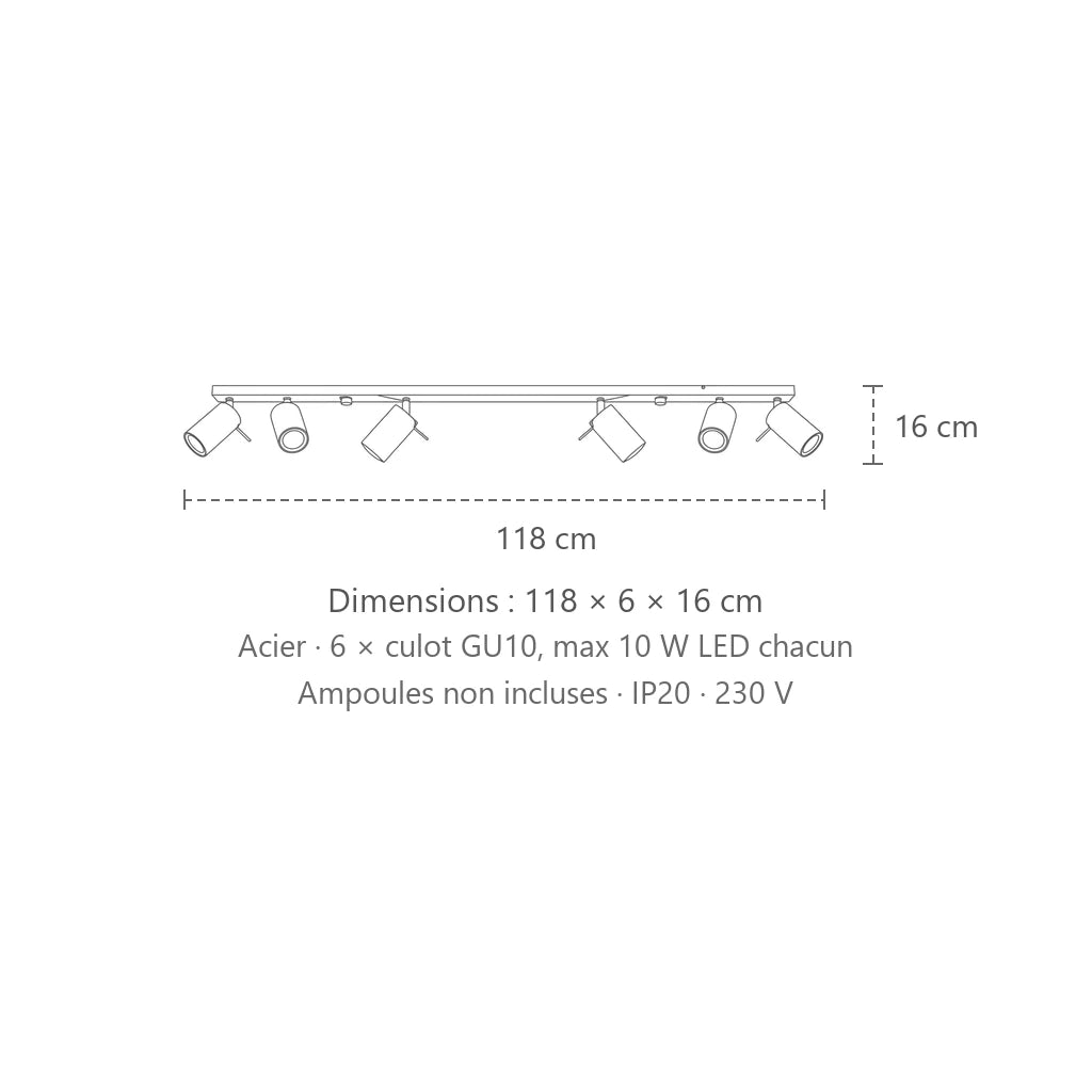 Dimensions : plafonnier spots orientables tubes (6 lumières – barre 118 cm), 118 × 6 × 16 cm