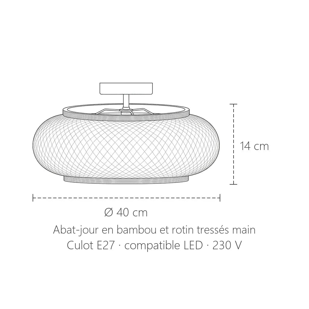 Dimensions du plafonnier tambour bambou et rotin : Ø 40 cm, 14 cm de haut