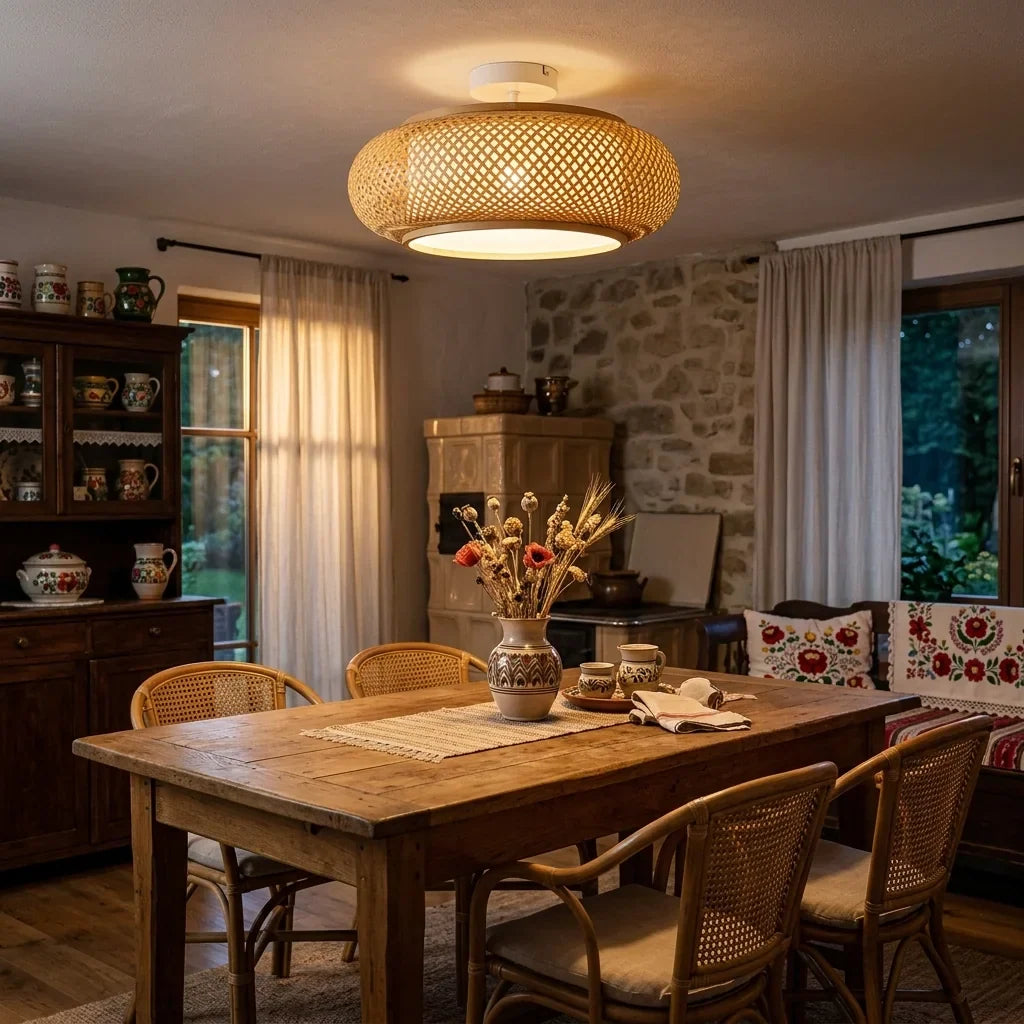 Plafonnier en bambou au-dessus d’une table rustique