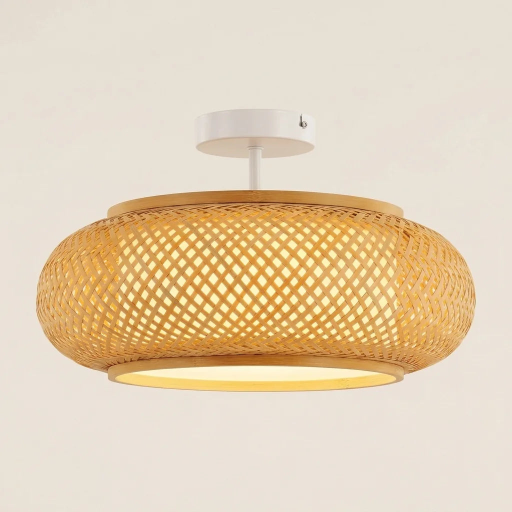 Plafonnier tambour en bambou et rotin tressés, lumière chaude