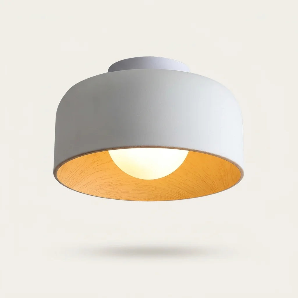 Plafonnier tambour blanc à intérieur effet bois