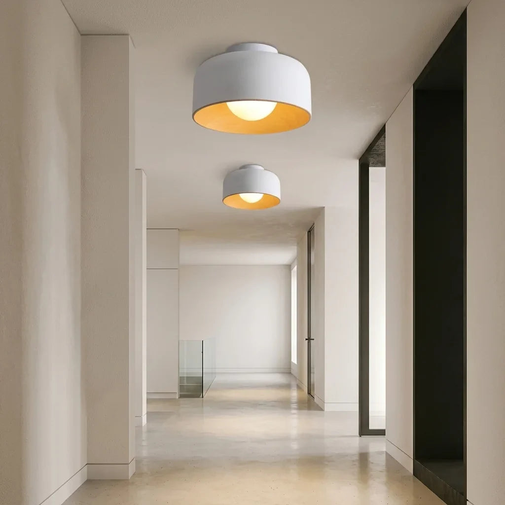 Deux plafonniers tambour blancs dans un couloir minimaliste
