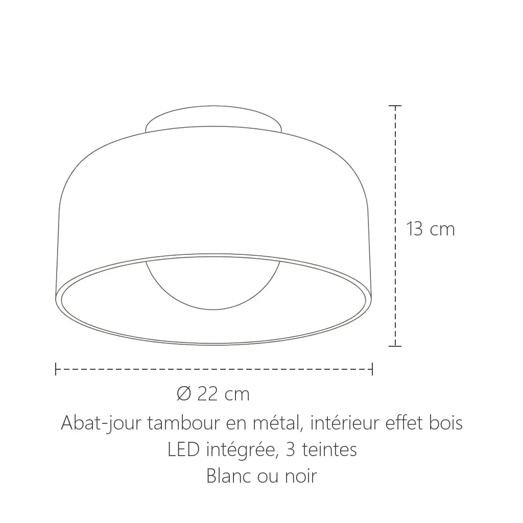 Dimensions du plafonnier tambour à intérieur effet bois : Ø 22 cm, 13 cm de haut