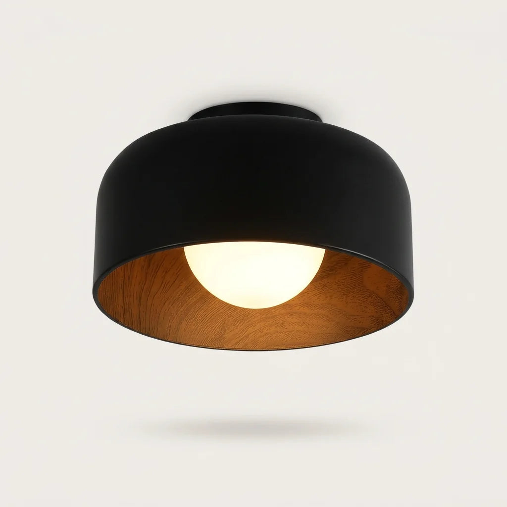 Plafonnier tambour noir à intérieur effet bois