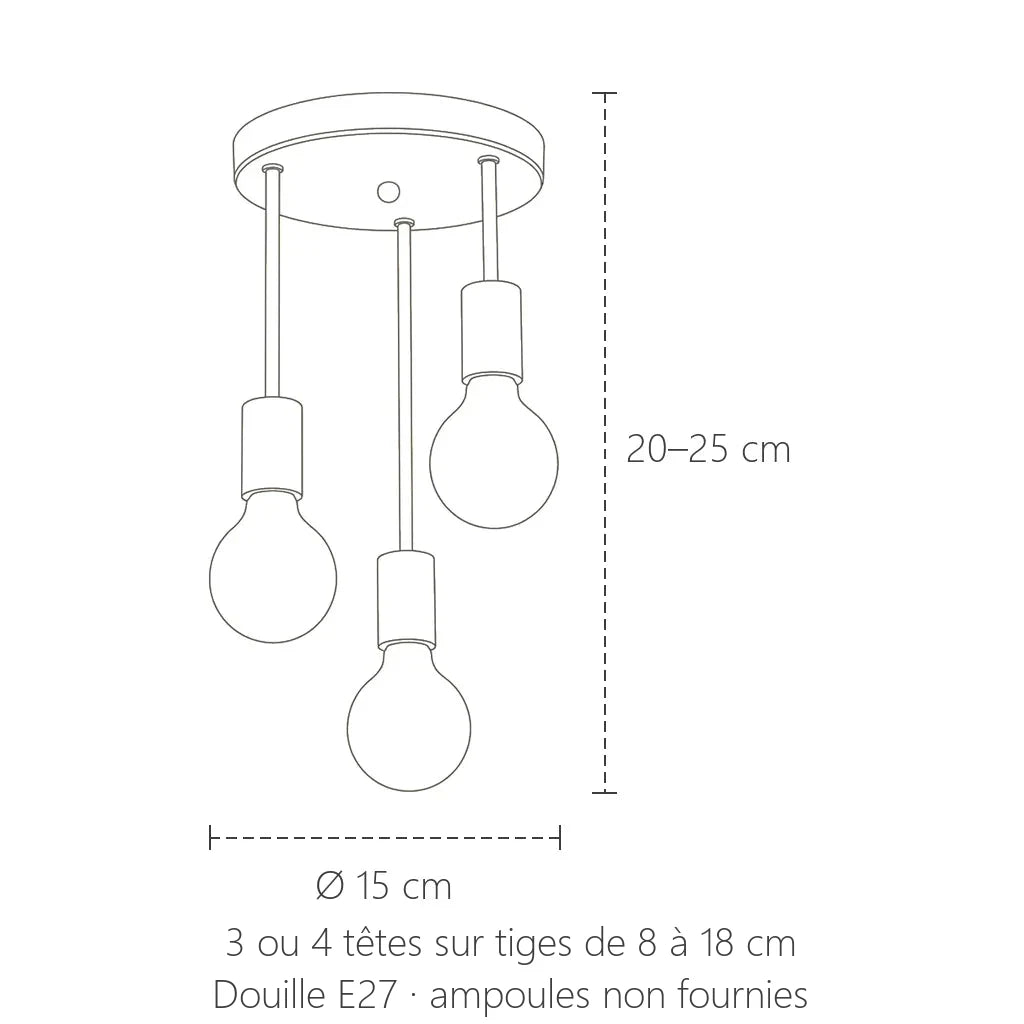 Dimensions du plafonnier à tiges et ampoules apparentes : Ø 15 cm, hauteur 20 à 25 cm