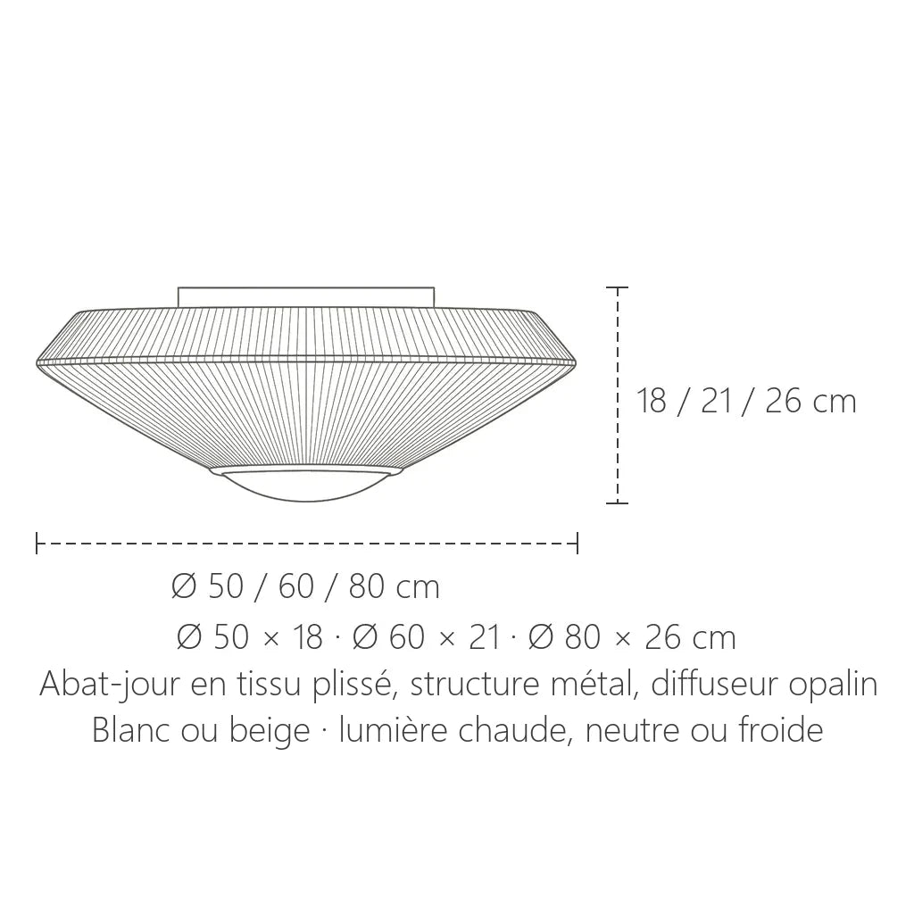 Dimensions du plafonnier en tissu plissé : Ø 50, 60 ou 80 cm, hauteur 18 à 26 cm