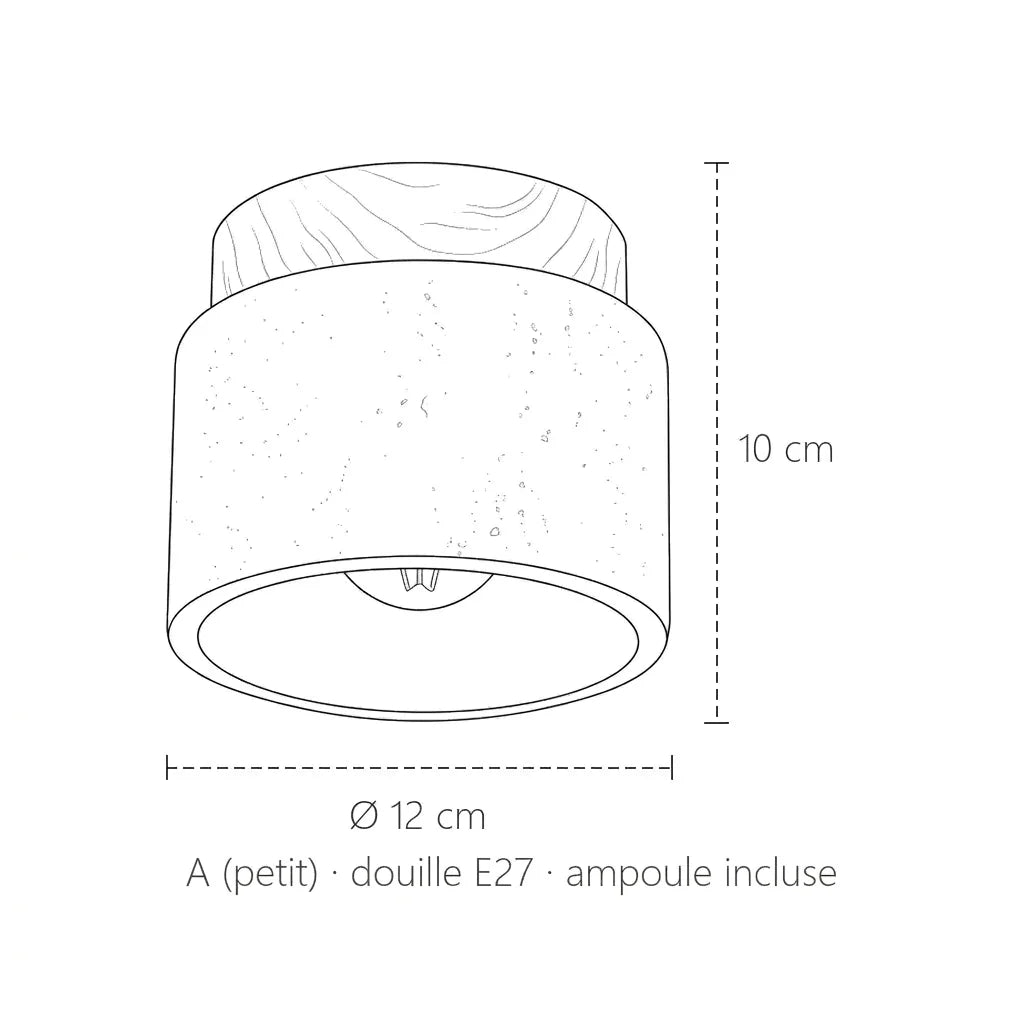 Dimensions du petit plafonnier en travertin, modèle A : Ø 12 cm, 10 cm de haut