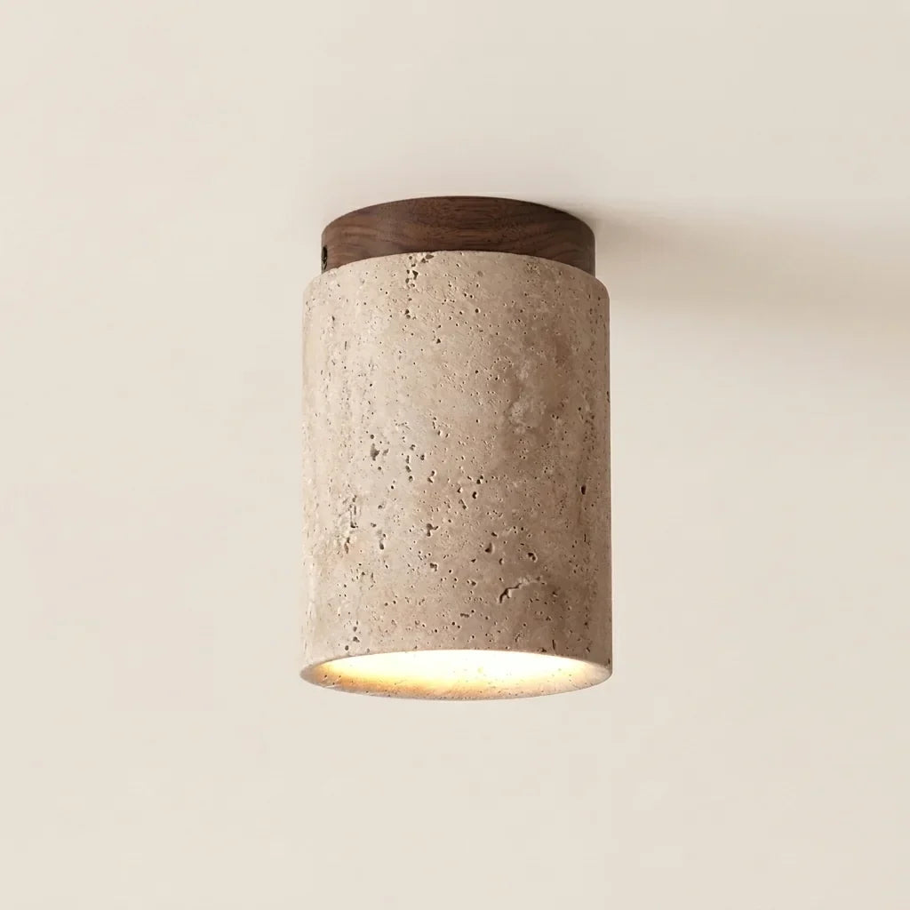 Plafonnier cylindre en travertin et bois noyer, grand modèle C