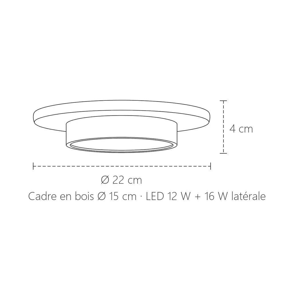 Dimensions du plafonnier en travertin et bois : Ø 22 cm, 4 cm de haut