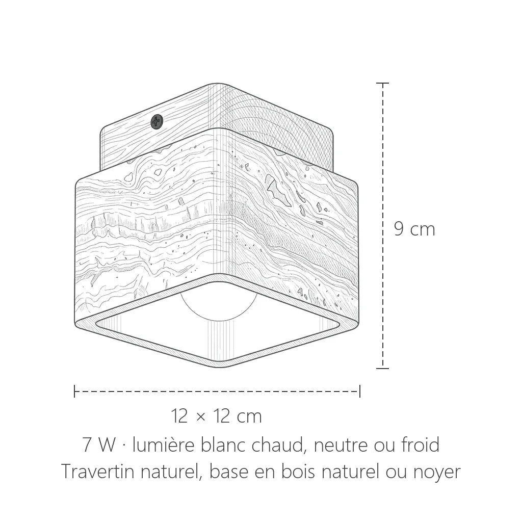 Dimensions du plafonnier carré en travertin : 12 × 12 cm, 9 cm de haut