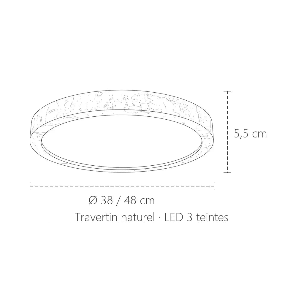 Dimensions du plafonnier en travertin : Ø 38 ou 48 cm, 5,5 cm de haut