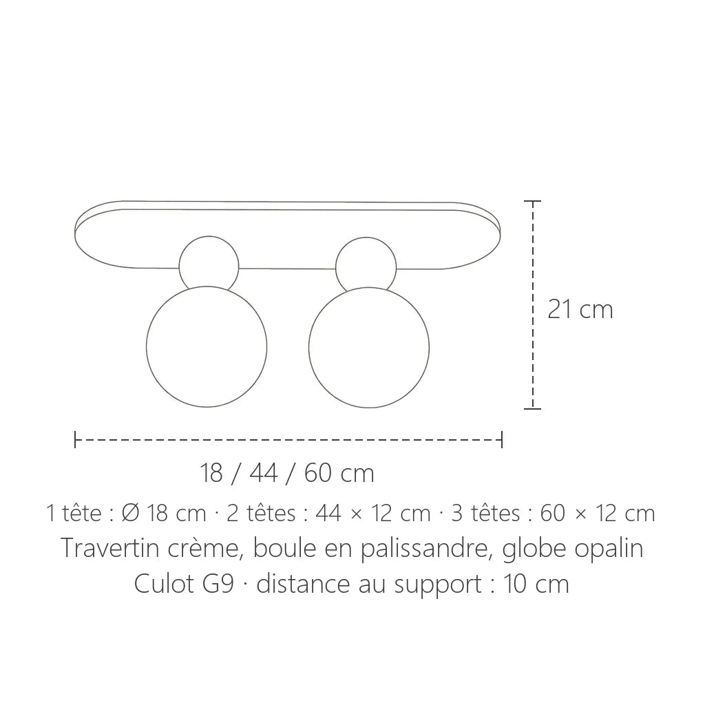 Dimensions du plafonnier ovale en travertin à globes : 18, 44 ou 60 cm, 21 cm de haut