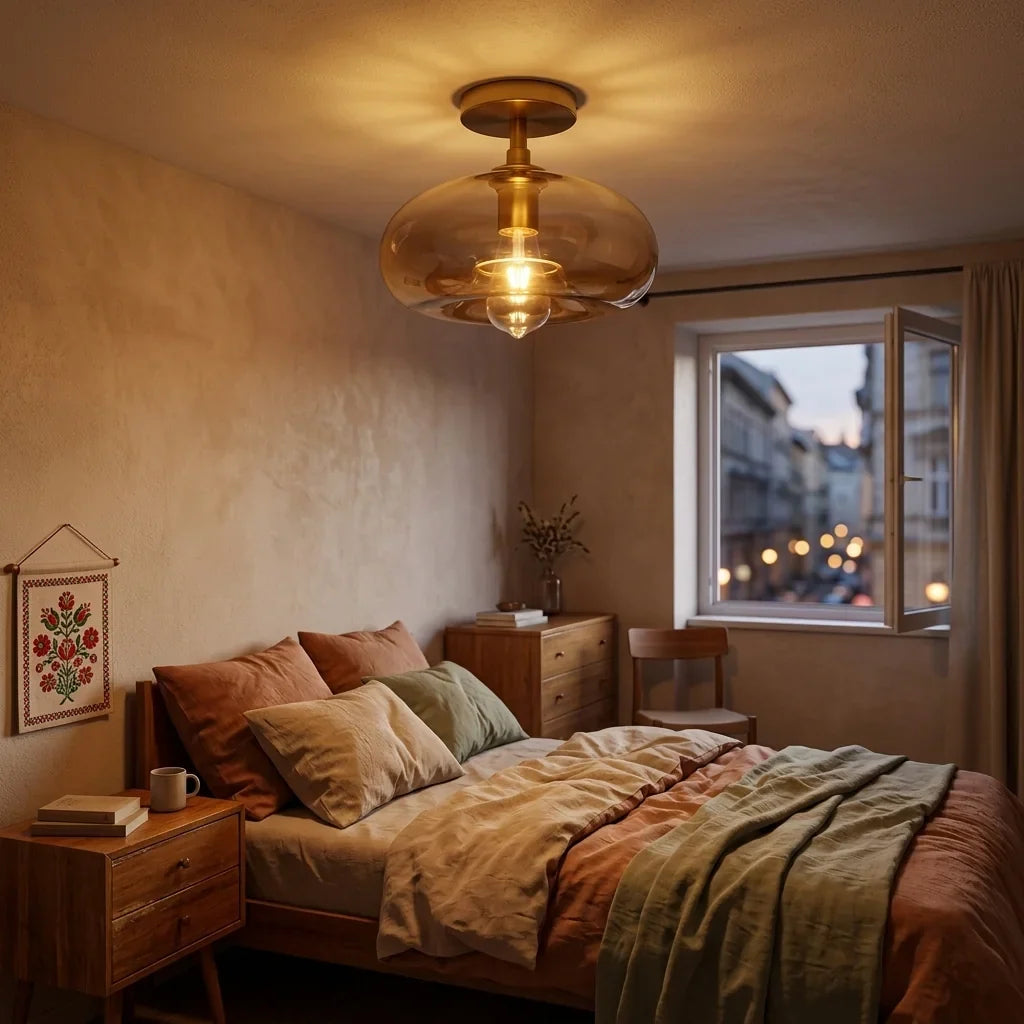 Plafonnier en verre ambré dans une chambre le soir