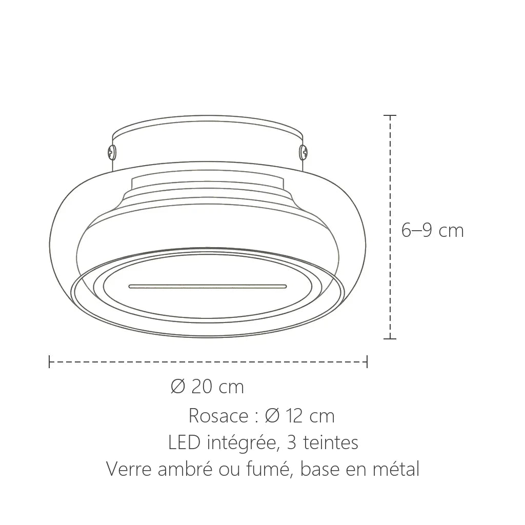 Dimensions du plafonnier en verre ambré ou fumé : Ø 20 cm, 6 à 9 cm de haut