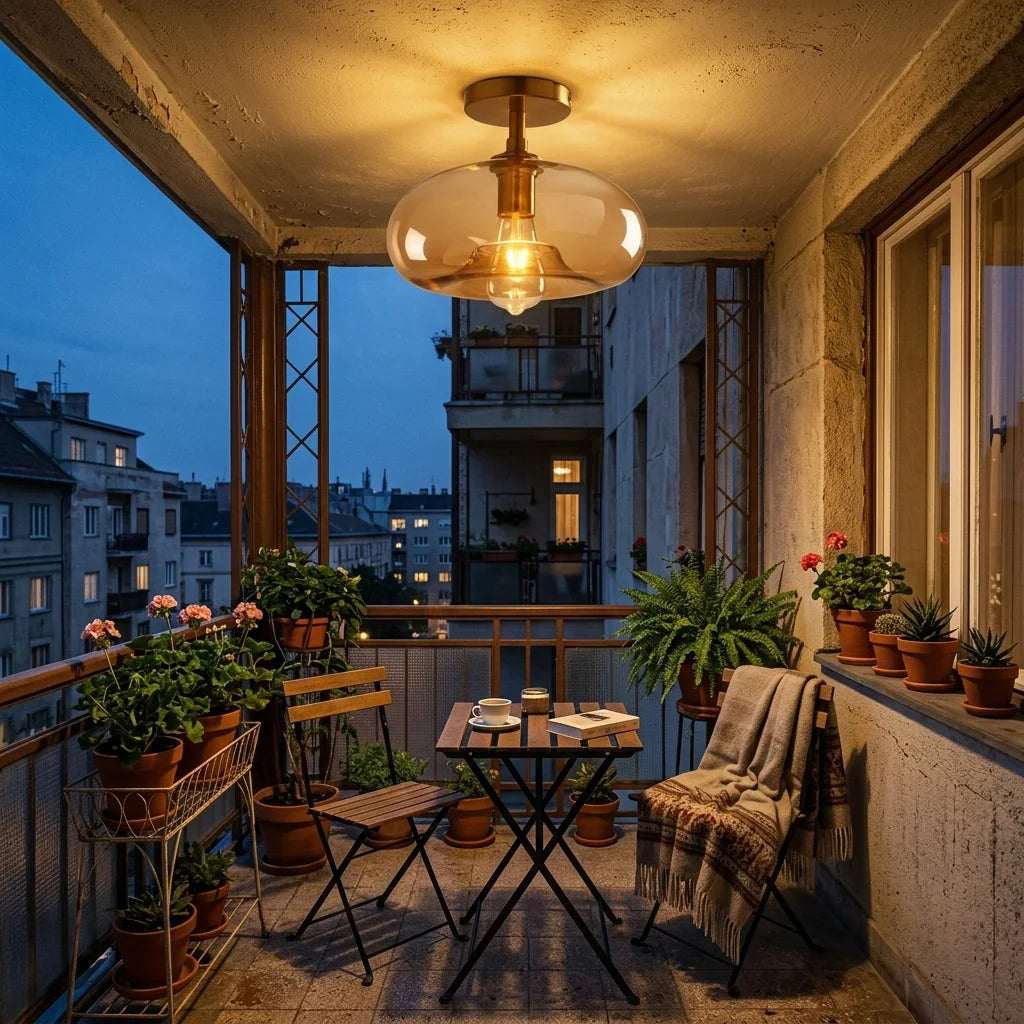 Plafonnier en verre ambré sur une loggia couverte