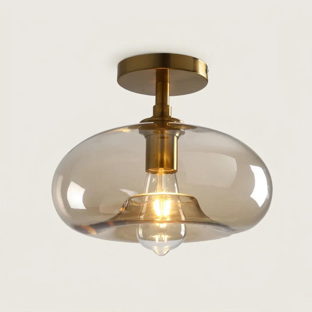 Plafonnier en verre ambré à rosace laiton, ampoule Edison