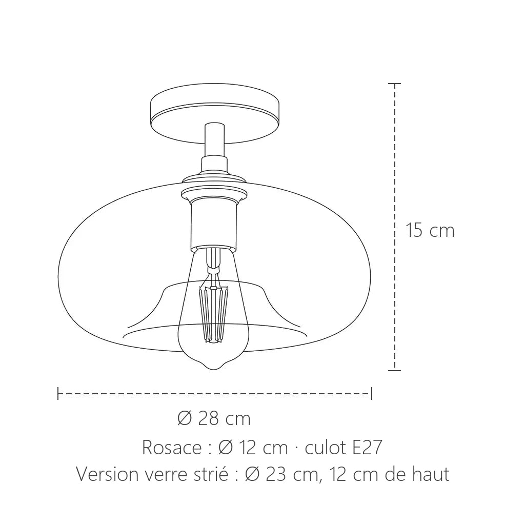 Dimensions du plafonnier en verre ambré : Ø 28 cm, 15 cm de haut