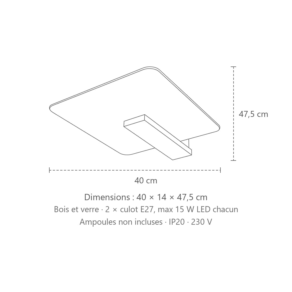 Dimensions : plafonnier verre et bois, 40 × 14 × 47,5 cm