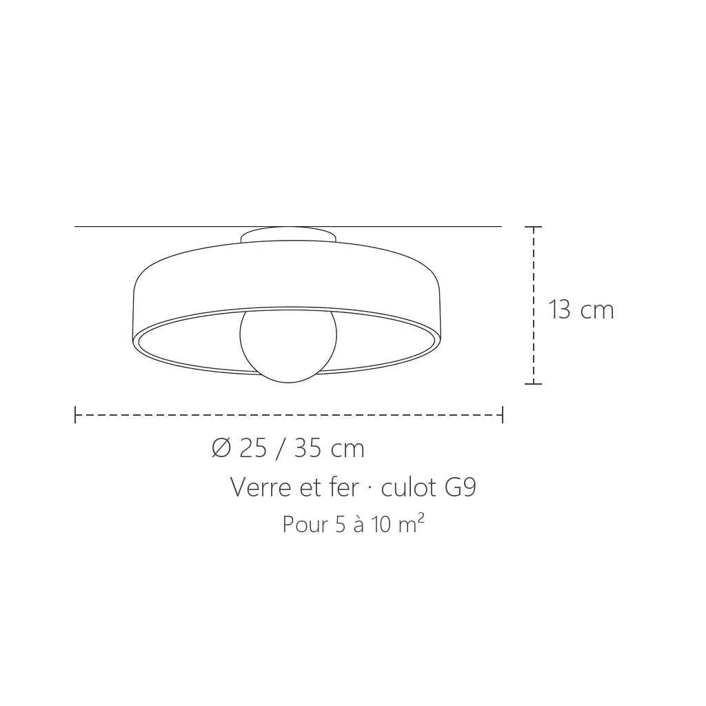 Dimensions du plafonnier en verre coloré : Ø 25 ou 35 cm, 13 cm de haut