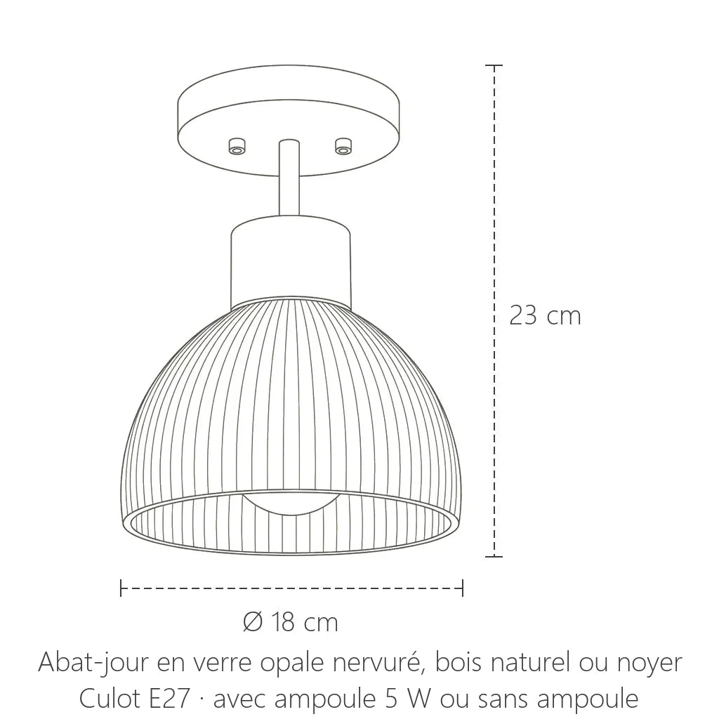 Dimensions du plafonnier en verre nervuré et bois : Ø 18 cm, 23 cm de haut