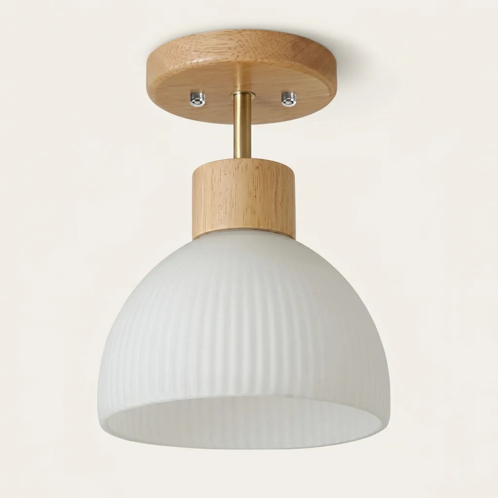 Plafonnier en verre opale nervuré et bois naturel, modèle A