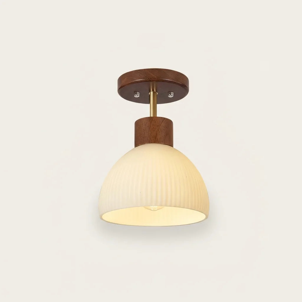 Plafonnier en verre opale nervuré et noyer, modèle B, allumé