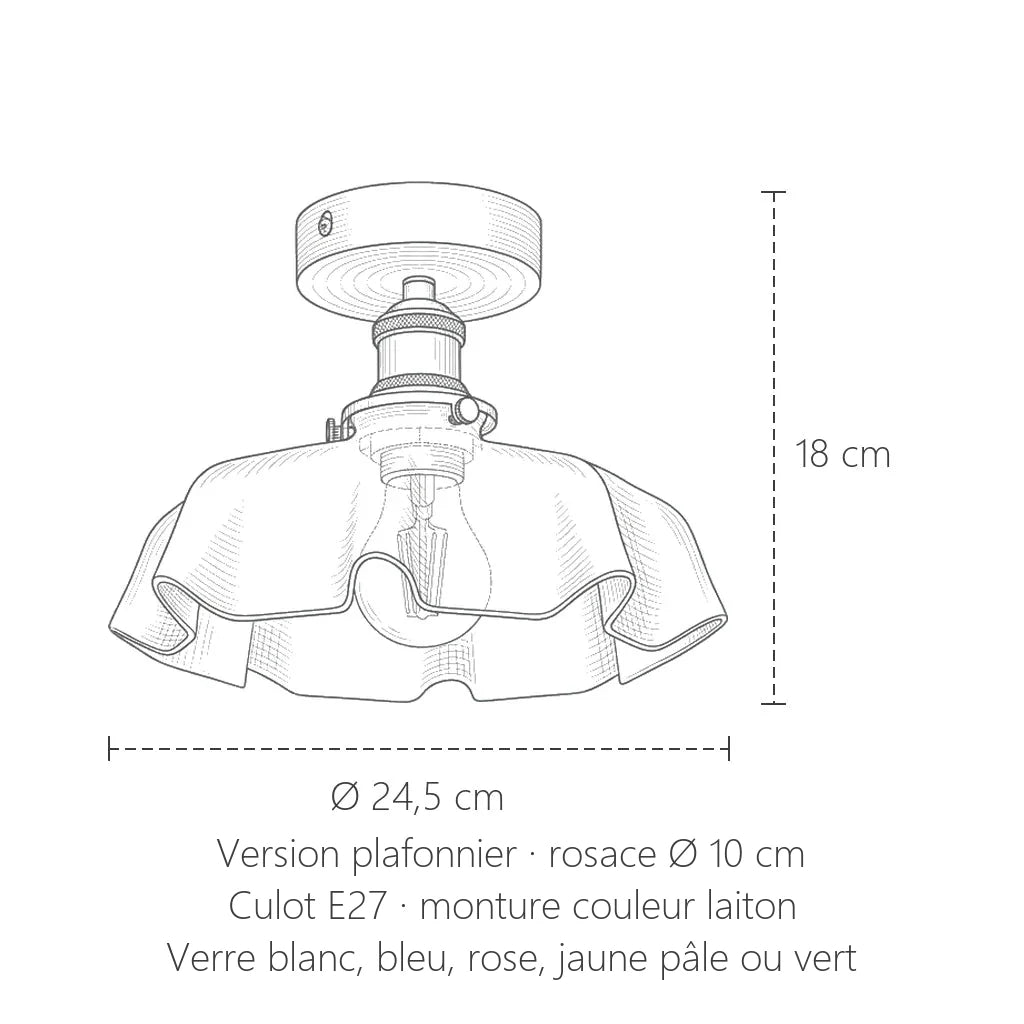 Dimensions du plafonnier en verre opalin ondulé : Ø 24,5 cm, 18 cm de haut